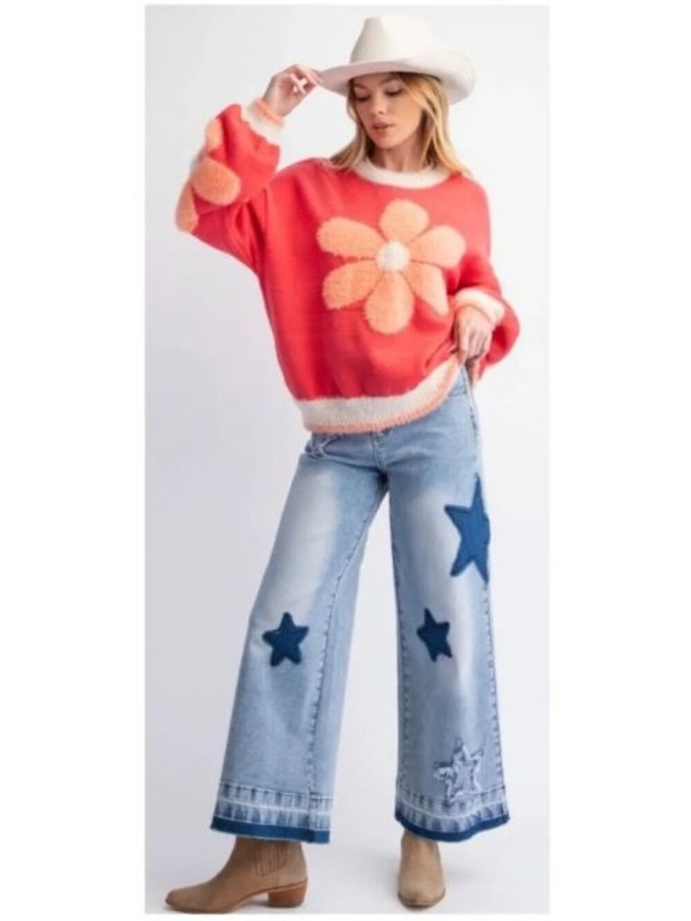 NWT Easel Coral Fuzzy Daisy Flower Print Loose Fit Knit Sweater Medium - CL004 - Picture 16 of 16